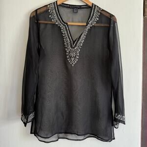 SILKLAND | Black Sheer Beaded Split neck Tunic Top | XL (fits small)